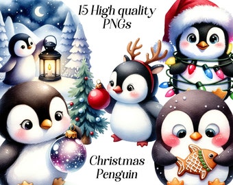 Watercolor Christmas Penguin clipart, 15 high quality PNG files, cute animals, winter holidays, printable graphics, xmas clip art, digital