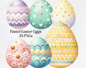 Può includere: Sei uova di Pasqua pastello con diversi motivi. Le uova sono decorate con cuori, pois, zig zag, fiori e forme geometriche. Le uova sono di colore azzurro, verde chiaro, giallo chiaro, rosa chiaro e viola chiaro.