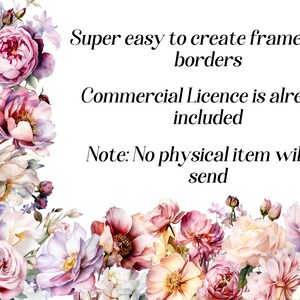 Puede incluir: Una descarga digital de gr&aacute;ficos florales para crear marcos y bordes. Los gr&aacute;ficos presentan flores de estilo acuarela en rosa, blanco y morado. El texto "Super easy to create frames and borders" es visible en la imagen. El texto "Commercial Licence is already included" tambi&eacute;n es visible en la imagen. El texto "Note: No physical item will be send" tambi&eacute;n es visible en la imagen.