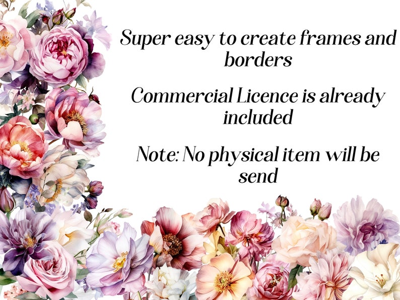Puede incluir: Una descarga digital de gr&aacute;ficos florales para crear marcos y bordes. Los gr&aacute;ficos presentan flores de estilo acuarela en rosa, blanco y morado. El texto "Super easy to create frames and borders" es visible en la imagen. El texto "Commercial Licence is already included" tambi&eacute;n es visible en la imagen. El texto "Note: No physical item will be send" tambi&eacute;n es visible en la imagen.
