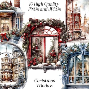 Aquarel kerst venster clipart, 10 hoge kwaliteit jpeg- en png-bestanden, kerstdecor, wintervakantie, feestelijke illustraties, printables, digitaal
