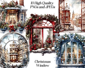 Watercolor Christmas window clipart, 10 high quality JPEG and PNG files, Xmas decor, winter holidays, festive clip art, printables, digital