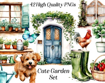 Watercolor Garden Clipart: Cottagecore PNG Set (Digital Download)