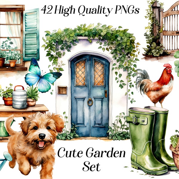 Watercolor cute garden clipart, 42 high quality PNG files, cottagecore, scrapbooking, farm life, countryside living, planner stickers