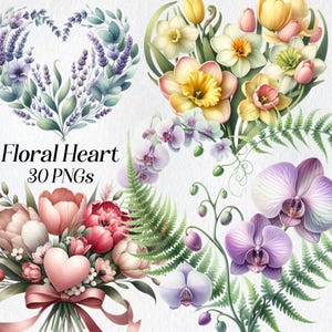 Floral Hearts Clipart, aquarela Coração com flores clip art, PNG, Botanical Love Art, Casamento e Dia dos Namorados, download digital, imprimível