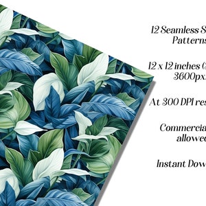 May include: A seamless pattern featuring a repeating design of blue and green leaves with white accents. The pattern is 12 inches by 12 inches and is available for commercial use.