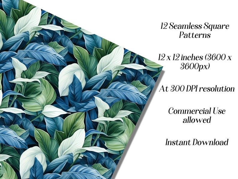May include: A seamless pattern featuring a repeating design of blue and green leaves with white accents. The pattern is 12 inches by 12 inches and is available for commercial use.