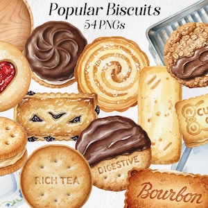 Op de afbeelding: Waterverfillustratie van diverse koekjes, waaronder een hartvormig koekje gevuld met jam, een chocoladespiraalkoekje en een custard cream koekje. De afbeelding bevat de tekst "Popular Biscuits 54 PNGs".