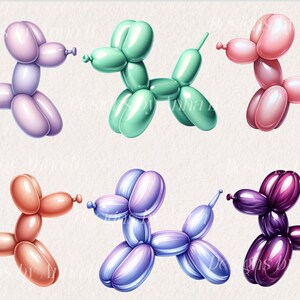 May include: Six balloon animal dog shapes in different colors: light purple, light green, light pink, light orange, light blue, and dark purple.
