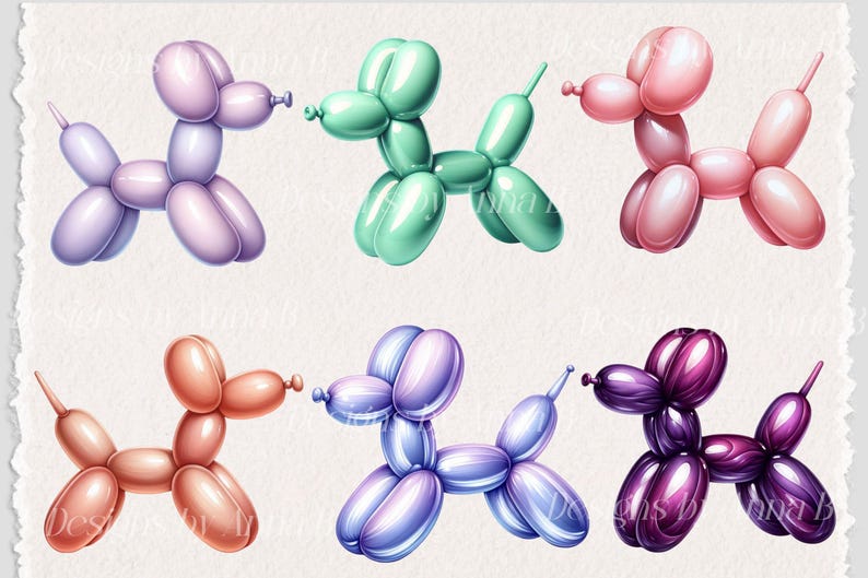 May include: Six balloon animal dog shapes in different colors: light purple, light green, light pink, light orange, light blue, and dark purple.