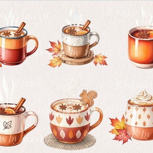 May include: Watercolor illustration of six mugs of warm beverages, each with a cinnamon stick and star anise. The mugs are decorated with fall leaves and patterns. Some mugs have whipped cream or a gingerbread squirrel. The color palette includes shades of orange, brown, and white.