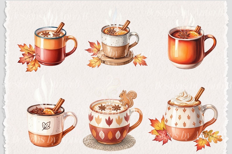 May include: Watercolor illustration of six mugs of warm beverages, each with a cinnamon stick and star anise. The mugs are decorated with fall leaves and patterns. Some mugs have whipped cream or a gingerbread squirrel. The color palette includes shades of orange, brown, and white.