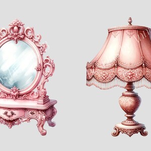May include: A pink vanity set with a mirror and a lamp. The vanity has a drawer and ornate carvings. The lamp has a pink shade with a beaded fringe.