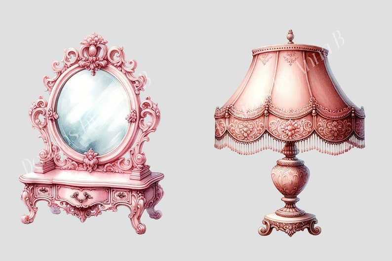 May include: A pink vanity set with a mirror and a lamp. The vanity has a drawer and ornate carvings. The lamp has a pink shade with a beaded fringe.