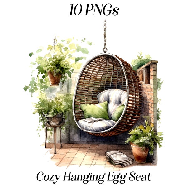 Clipart aquarelle chaise suspendue, 10 fichiers JPEG et PNG de haute qualité, coin jardin secret, coin lecture confortable, séance en plein air, produits à imprimer