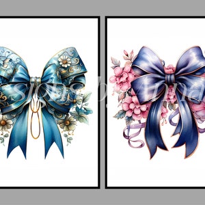 May include: Two blue satin bows with gold trim. The bow on the left is decorated with white flowers and gold accents. The bow on the right is surrounded by pink flowers.