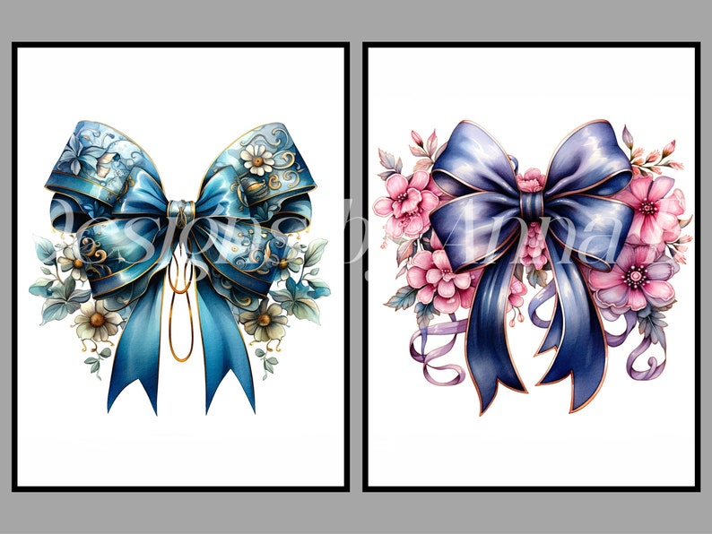 May include: Two blue satin bows with gold trim. The bow on the left is decorated with white flowers and gold accents. The bow on the right is surrounded by pink flowers.