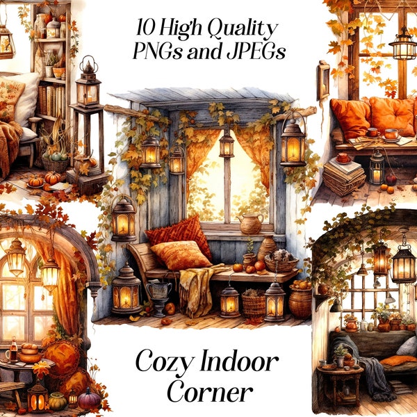 Watercolor cozy indoor corner clipart, 10 high quality JPEG and PNG files, reading space, cottage interior, cozy room, autumn aesthetics