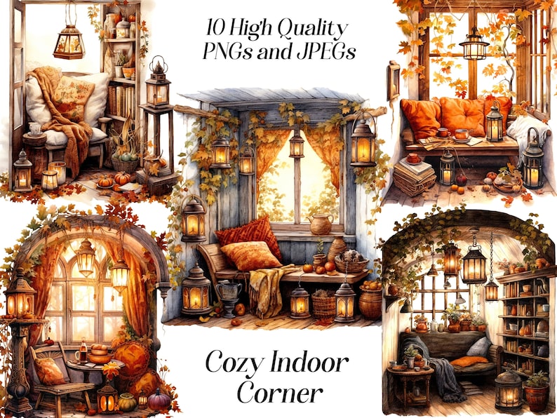 Watercolor Cozy Room Clipart: Autumn Interior (JPEG, PNG) - Etsy
