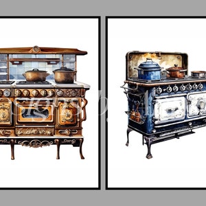 Puede incluir: Dos estufas vintage con detalles ornamentados. La estufa de la izquierda es dorada y marr&oacute;n con un frente decorativo y un salpicadero de azulejos blancos. La estufa de la derecha es azul con detalles blancos y un marco de metal negro.