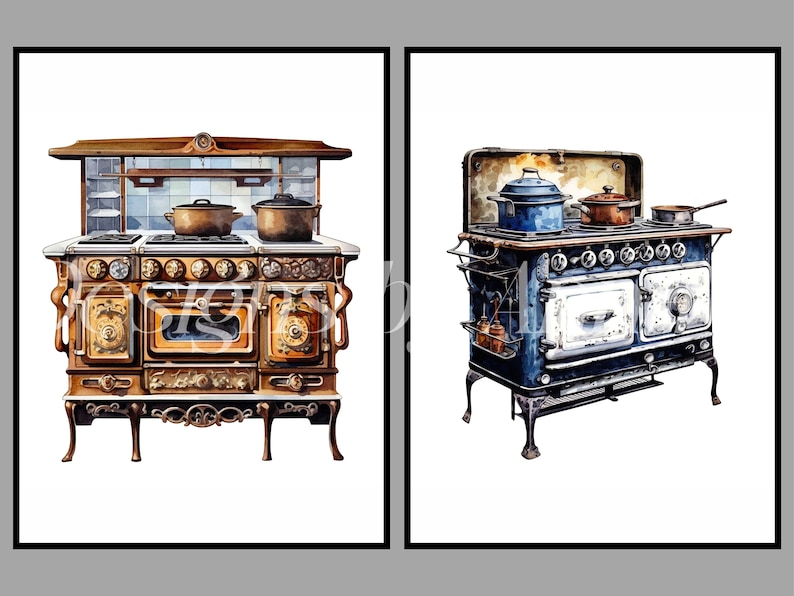 Puede incluir: Dos estufas vintage con detalles ornamentados. La estufa de la izquierda es dorada y marr&oacute;n con un frente decorativo y un salpicadero de azulejos blancos. La estufa de la derecha es azul con detalles blancos y un marco de metal negro.