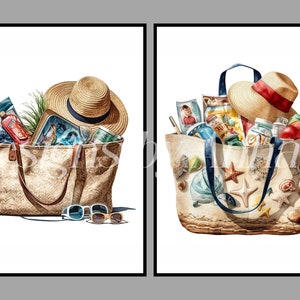 May include: Two beige canvas tote bags filled with beach essentials. One bag has a straw hat, sunglasses, and a blue and white beach towel. The other bag has a straw hat with a red ribbon, a variety of snacks, drinks, and seashells.
