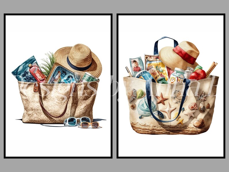 May include: Two beige canvas tote bags filled with beach essentials. One bag has a straw hat, sunglasses, and a blue and white beach towel. The other bag has a straw hat with a red ribbon, a variety of snacks, drinks, and seashells.