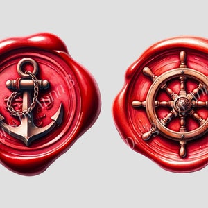 May include: Two red wax seals with nautical symbols. The first seal features a gold anchor with a chain. The second seal features a gold ship's wheel.