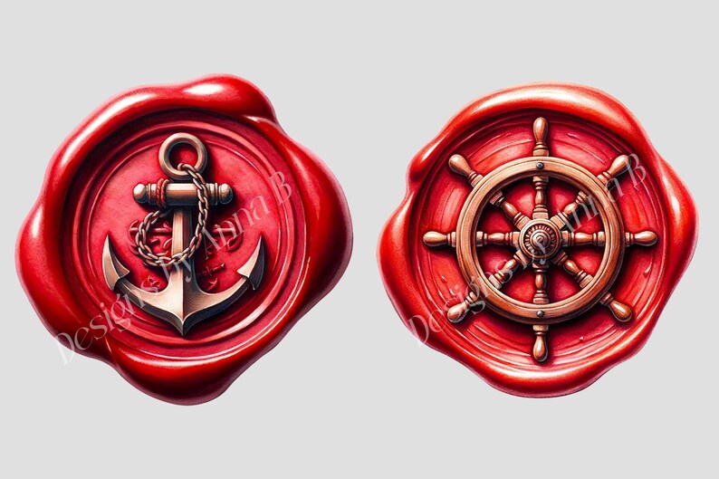 May include: Two red wax seals with nautical symbols. The first seal features a gold anchor with a chain. The second seal features a gold ship's wheel.