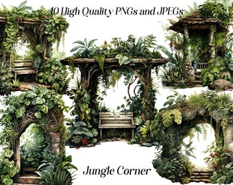 Watercolor Jungle Clipart: Tropical Greenery Graphics (JPEG, PNG)