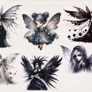 May include: Watercolor illustrations of fantasy fairies with detailed wings and gowns. The fairies are depicted in various styles, with dark and gothic themes, and some with floral accents. The artwork has a soft, ethereal quality.