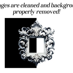 May include: A white ornate picture frame with a black and white background. The frame is detailed with intricate carvings and scrolls.