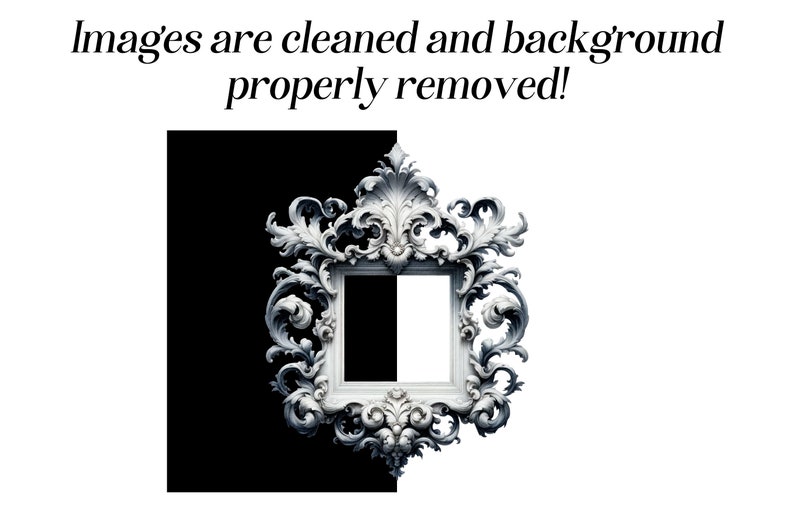 May include: A white ornate picture frame with a black and white background. The frame is detailed with intricate carvings and scrolls.
