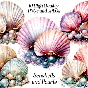 Watercolor Seashells & Pearls Clipart: Nautical PNG JPEG Graphics (Digital Download)