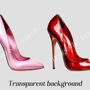 May include: Two pairs of high-heeled shoes, one pink and one red, with a pointed toe and a stiletto heel. The shoes are drawn in a realistic style.