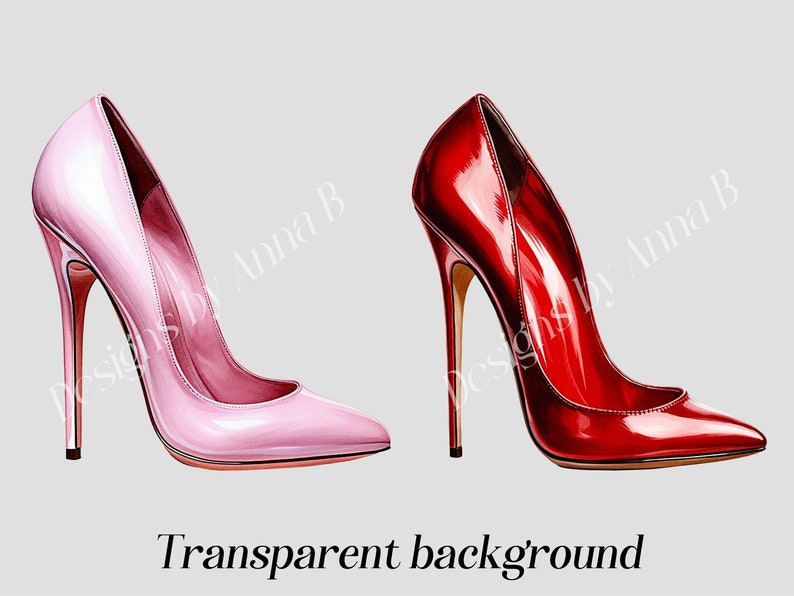 May include: Two pairs of high-heeled shoes, one pink and one red, with a pointed toe and a stiletto heel. The shoes are drawn in a realistic style.