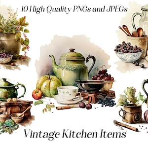 Aquarell Vintage Clipart Küche, 10 hochwertige JPEG- und PNG-Dateien, Cottagecore Clipart, gemütliche Küche, Backen, Kochen Clipart