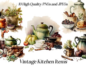 Watercolor Vintage Kitchen Clipart: Cottagecore Cooking PNG JPEG (Digital Download)