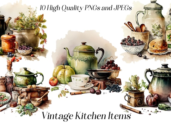Watercolor Vintage Kitchen Clipart: Cottagecore Cooking PNG JPEG (Digital Download)