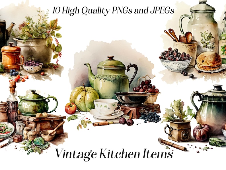 Puede incluir: Una colecci&oacute;n de art&iacute;culos de cocina vintage, que incluyen una tetera verde, una taza de t&eacute; y un platillo verdes, una jarra verde, una jarra marr&oacute;n, un taz&oacute;n de bayas, un taz&oacute;n de uvas, una calabaza, una caja de madera y un soporte de metal. Los art&iacute;culos est&aacute;n dispuestos sobre un fondo blanco con hojas verdes y bayas.