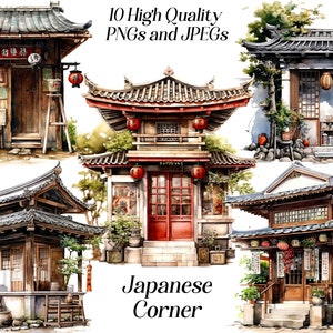 Watercolor Japanese building clipart, 10 high quality JPEG and PNG files, Japanese store, Japan, Store front, Decor, wall art, printables