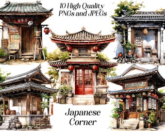 Clipart de escaparate japonés en acuarela, archivos JPEG y PNG (descarga digital)