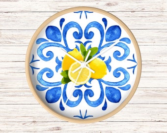 Italian Wall Clock, Italian Clock, Lemon Clock, Italian Blue Tile, Italian Decor, Sicilian Lemon Decor, Mediterranean Decor, Italian Kitchen