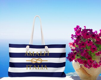 Italy Inspired Beach Bag, Amalfi Coast Italia, Italy Traveler, Amalfi Bag, Positano, Sorrento, Capri, Weekend Bag, Nautical Stripes