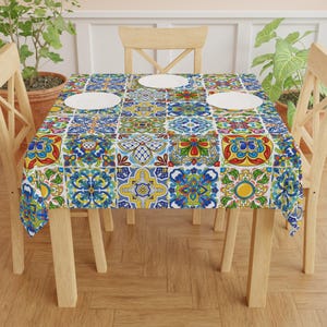 Tablecloth – Italian Tile Print in Blue and White, Mediterranean Coastal Kitchen