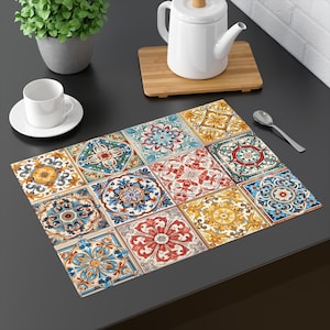 Mediterranean Cotton Placemat, Italian Tile Design, Sicily Amalfi Coast Table Decor, Machine Washable, 18x14 Inch