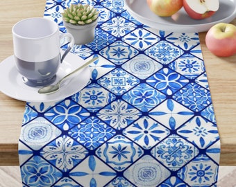 Mediterranean Table Runner, Blue Tile Runners, Mediterranean Decor, Italian Decor, Italian Table Runner, Italian Kitchen, Italian Tablecloth