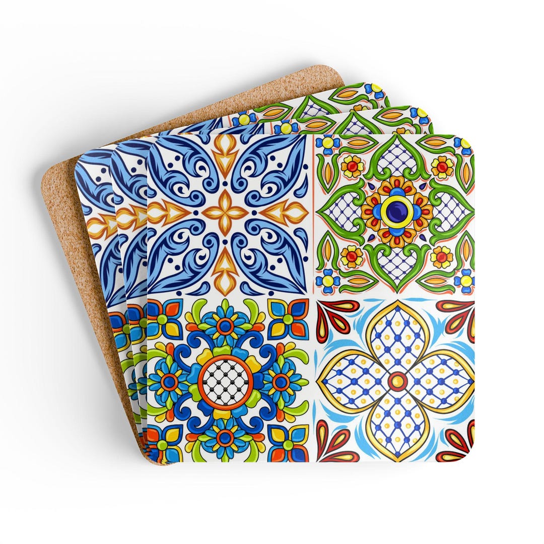 Mediterranean Tile Cork Coaster Set, Colorful Mosaic, Absorbent ...