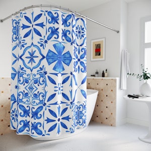 Shower Curtain, Spanish, Greek, Italian, Portuguese Tile Shower Curtain, Coastal Blue and White Tile, Mediterranean Bathroom Decor image 1