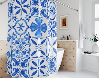 Shower Curtain, Spanish, Greek, Italian, Portuguese Tile Shower Curtain, Coastal Blue and White Tile, Mediterranean Bathroom Decor